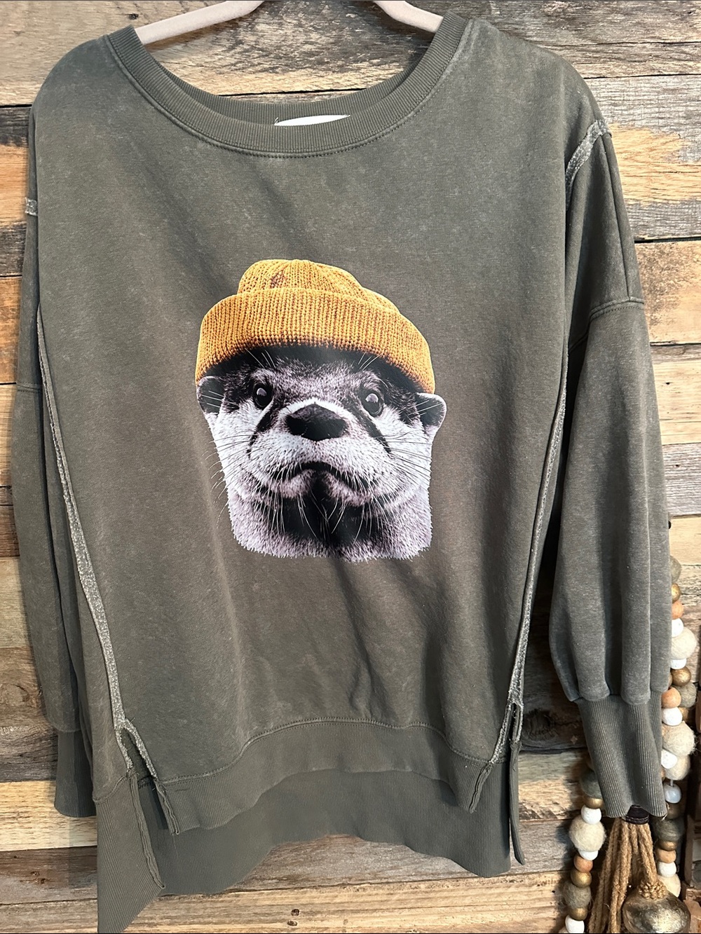 Olive Green Otter Graphic camden sweatshirt with Yellow Beanie Print custom